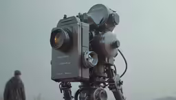 a man in a black jacket standing next to an analog camera