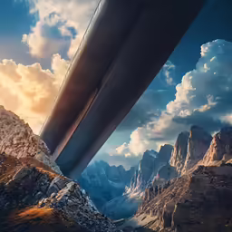 the mountains under a bridge are covered in clouds