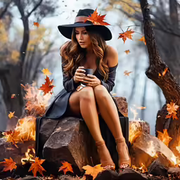 a woman in a black hat sitting on rocks looking at her phone