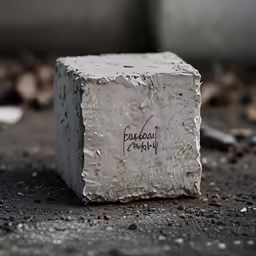 a piece of stone sitting on the ground next to a container