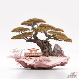 small bonsai tree with red flowers in the rocks