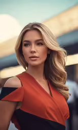 a blond woman posing on the street wearing an orange and black top