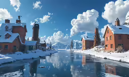 a town in the snow next to a river