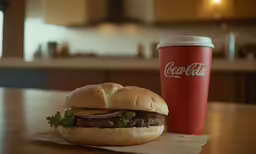 the sandwich and cup have red lids on them