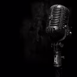 a dark microphone on a stand with black background