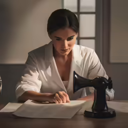 a woman with a black typewriter sitting at a table