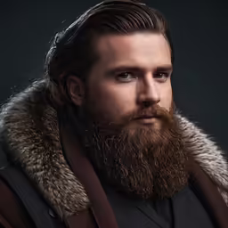the man is dressed nicely with an enormous beard and a long haircut