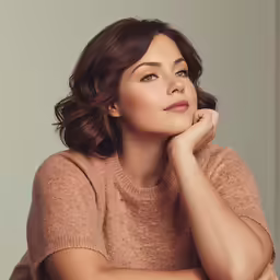 a woman with short hair, leaning on a table