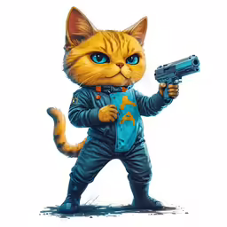 a cat wearing clothes and holding a gun