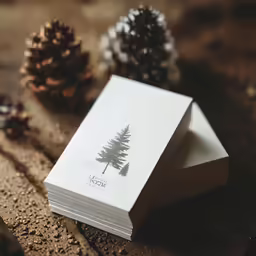 pine tree design on white business card with white envelope