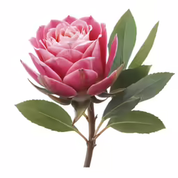 a single pink flower is pictured with leaves