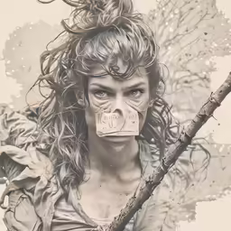 a woman wearing a mask holds a tree branch