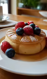 pancakes are topped with blueberries, raspberries, and sauce