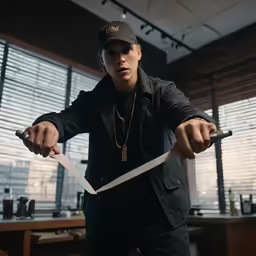 a person holds a knife in a room