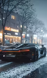 a parked car is seen on a snowy street