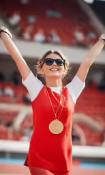 the woman in the red and white outfit is wearing sun glasses
