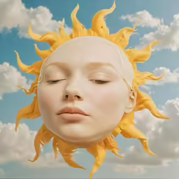 a close up of a face with yellow sunflowers on the head