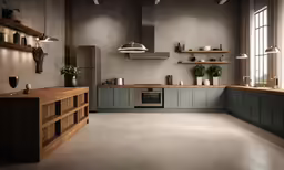 a large kitchen has gray cabinets and a brown counter
