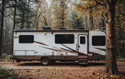a recreational travel trailer parked next to a tree in the woods