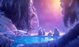 a woman and some small white animals by water