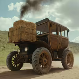 an old pick up truck driving down a dirt road