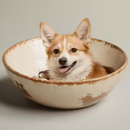 a small dog sticking his head out of a ceramic bowl