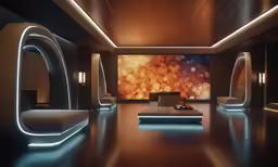a large room with lots of mirrors and furniture