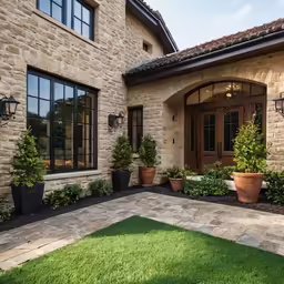 a stone building with two potted plants in the front