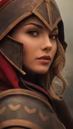 a woman in armor is looking down