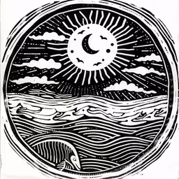 an ink drawing shows an ocean scene with clouds, a sun and a moon in the sky,a black and white image of clouds and stars above the ocean