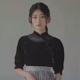 a girl wearing a black top standing by the wall,a woman standing in front of a white wall