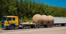 the truck is carrying large round materials,a big semi - trailer truck pulling a large load of large bales