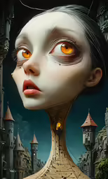 the digital art shows a young girl in a surreal landscape with her yellow eyes