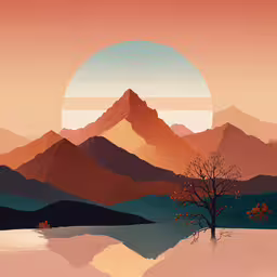 a landscape with mountains and a lake in the foreground, with a sunset behind it,a colorful landscape that includes mountains and a tree