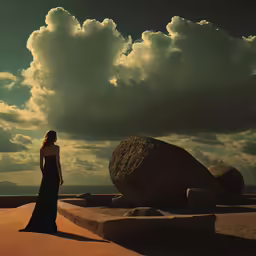 a woman in a long dress standing in the desert under a large rock