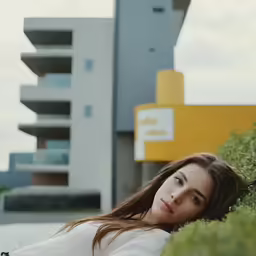 a young woman leaning on a wall next to a building