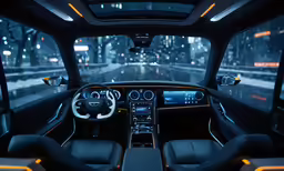 inside of a vehicle looking at the dashboard and instrument screen
