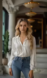 the woman in jeans is standing near the hotel
