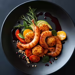 shrimp with tomatoes and garnished crumbs in a bowl