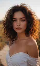 a young woman with curly hair wearing a white top