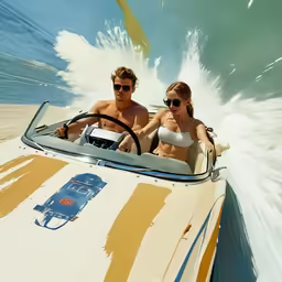 two people on the back of a car with a surf board