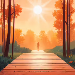 an anime scene of a person walking down a long wooden dock,a person standing on top of a wood platform in a park