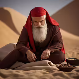 a man wearing an old fashioned outfit is eating in the desert