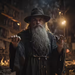 a wizard in an old fashioned factory wearing a hat