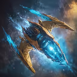 an artwork work of a spaceship with some lights