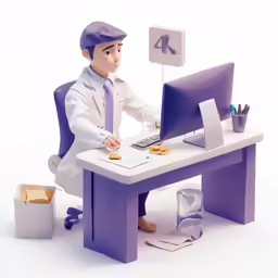 a toy figure at a table in front of a computer