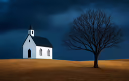 a church with a dark sky above it and a tree on the hill