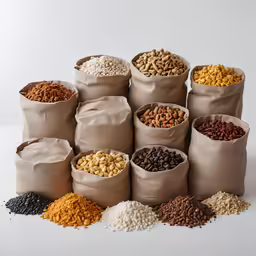 a pile of bags filled with different types of cereal