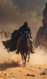 the man is riding on his horse in the desert