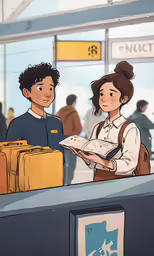 a woman standing next to a boy holding a piece of paper